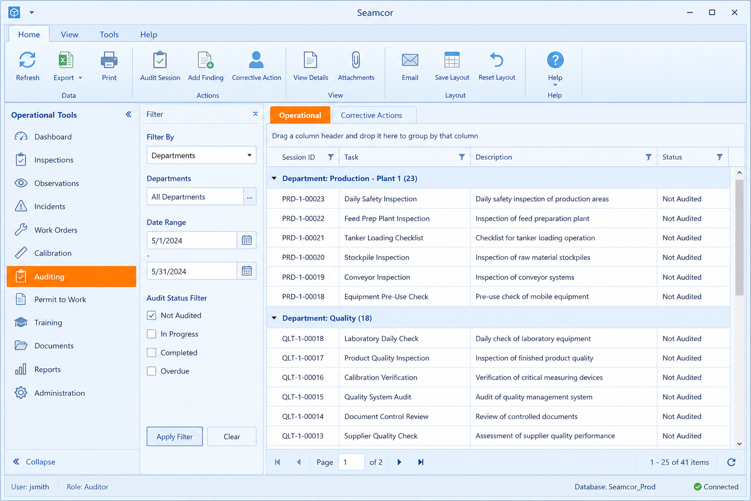 Seamcor auditing screen with department filters and task grid — familiar workflow layout