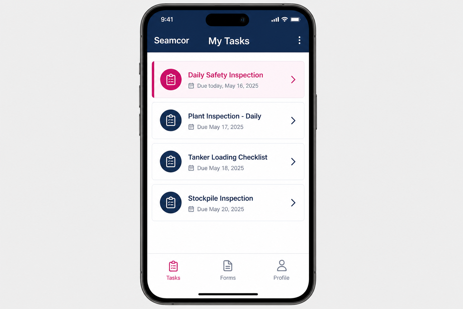 Seamcor mobile app showing assigned tasks list