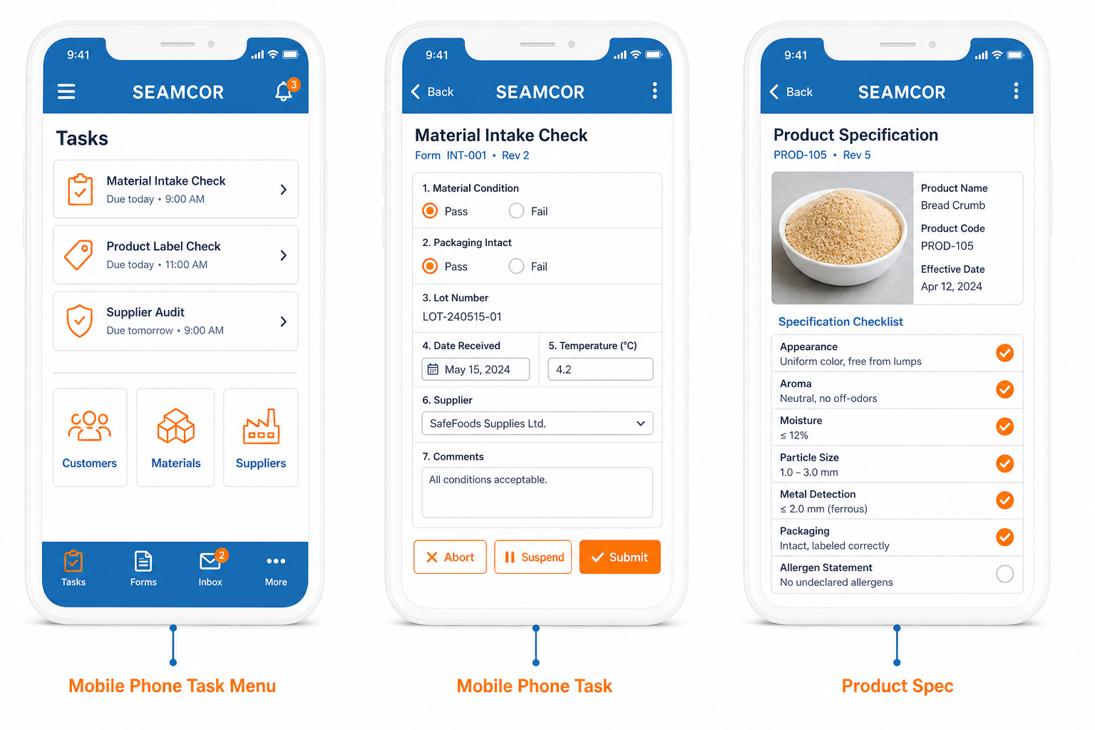 Seamcor mobile app — task menu, compliance forms and product specification capture