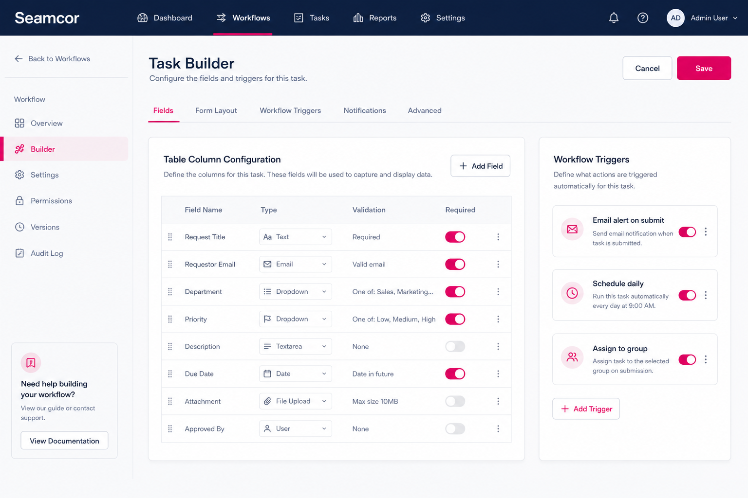 Seamcor task builder with validation rules and workflow triggers